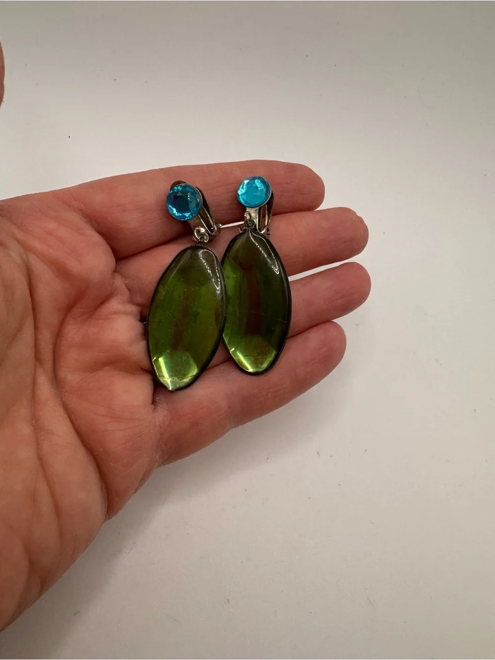 Vintage Mid Century Iridescent Green Molded Plastic Drop Clip on Earrings